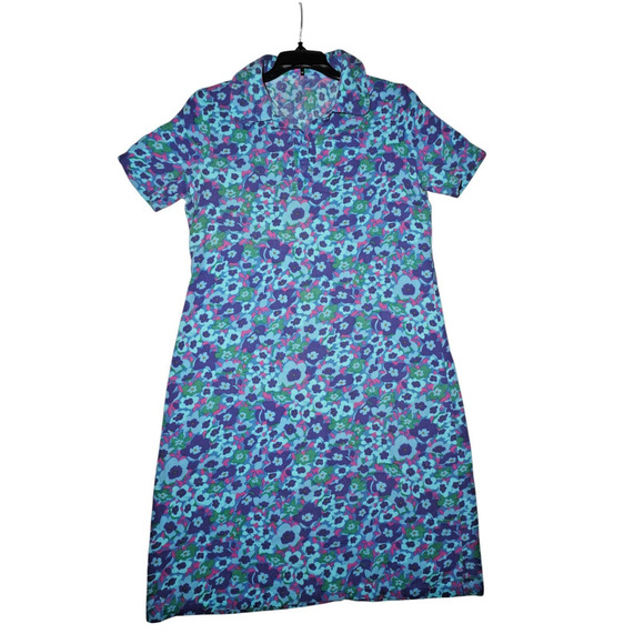 Vintage 90s Floral Polo Collar Mini Dress | Bright Blue Purple Green Print |M - Picture 1 of 5